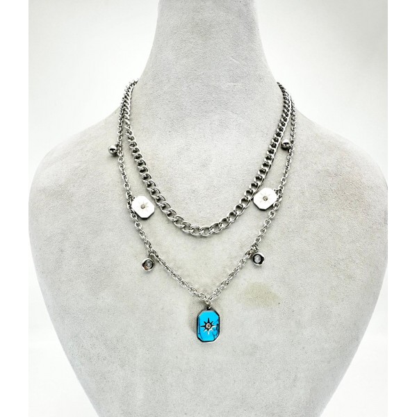 Gümüş İkili Mavi Taş Detaylı Kolye Gümüş İkili Mavi Taş Detaylı Kolye